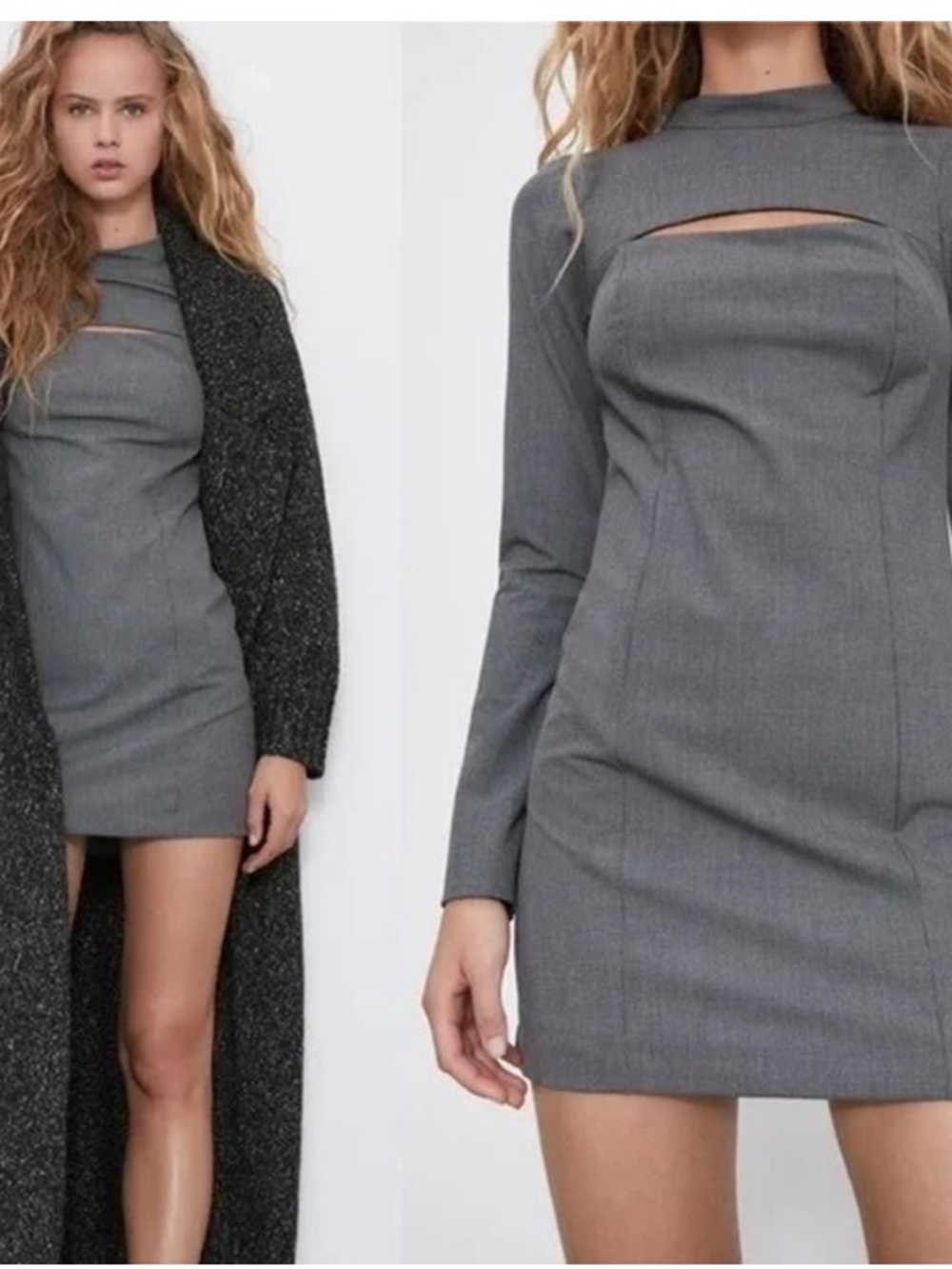 Zara Grey Long Sleeve Mini Dress Front Cutout